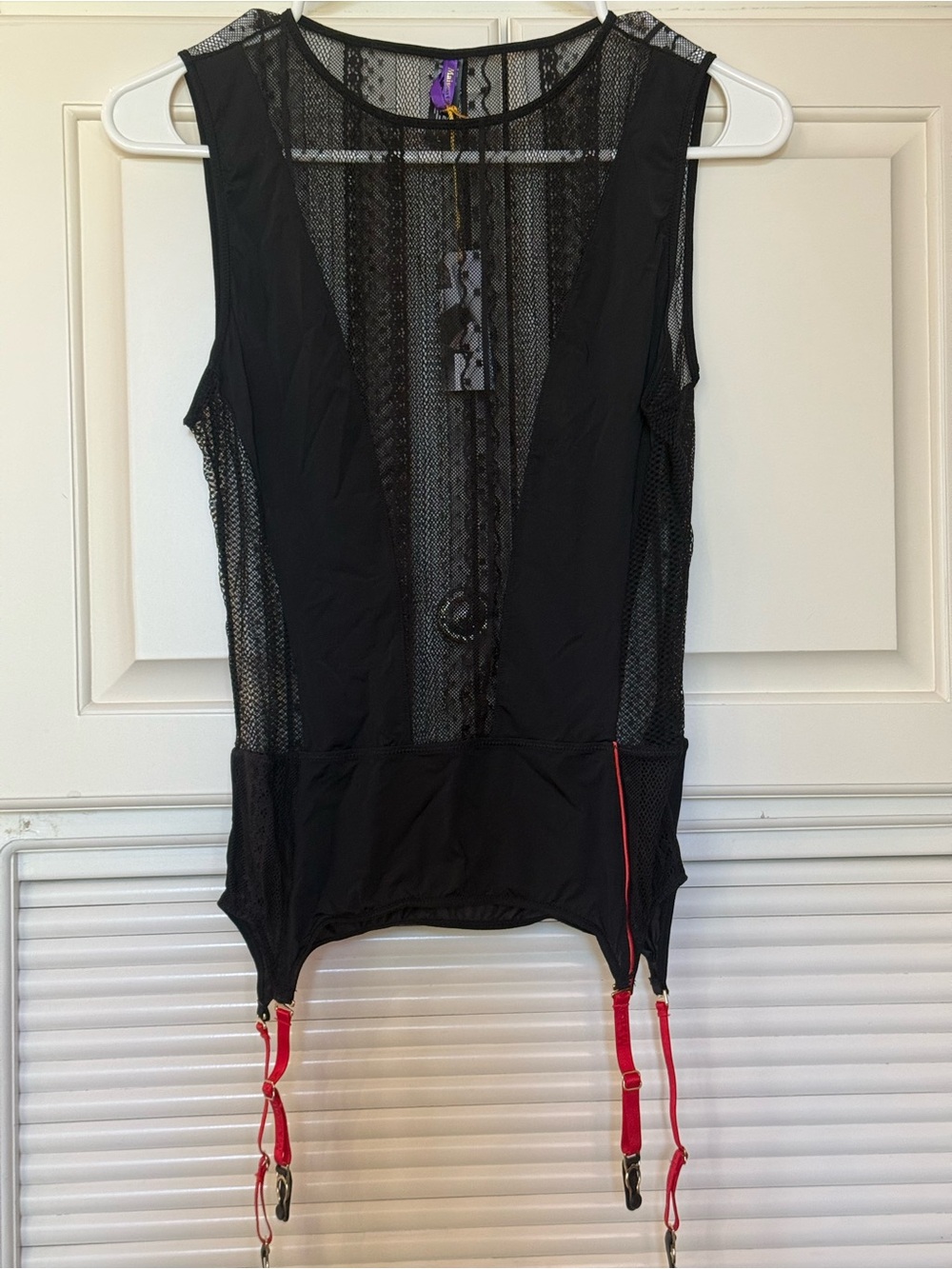 Sheer Black Mesh Garter Bodyshell with Red Garter Straps